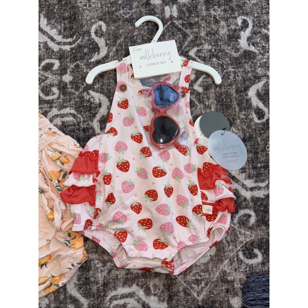 2 X Milkberry Baby Girl Size 6-9 Month Rompers Outfit Ruffles Sunglasses Bamboo - Picture 3 of 5